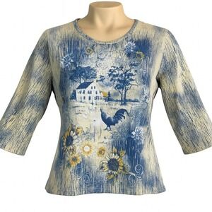 John Maxwell‎ Womens L Blue Yellow Farmhouse Graphic Cottagecore Rustic Novelty